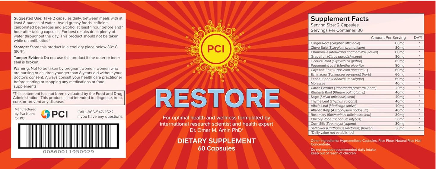 Dr. Omar Amin's PCI Restore Herbal Remedy - Natural GI Detox & Toxin Filter - Promotes Regularity - Dietary Supplement - 60 Capsules for Optimal Health