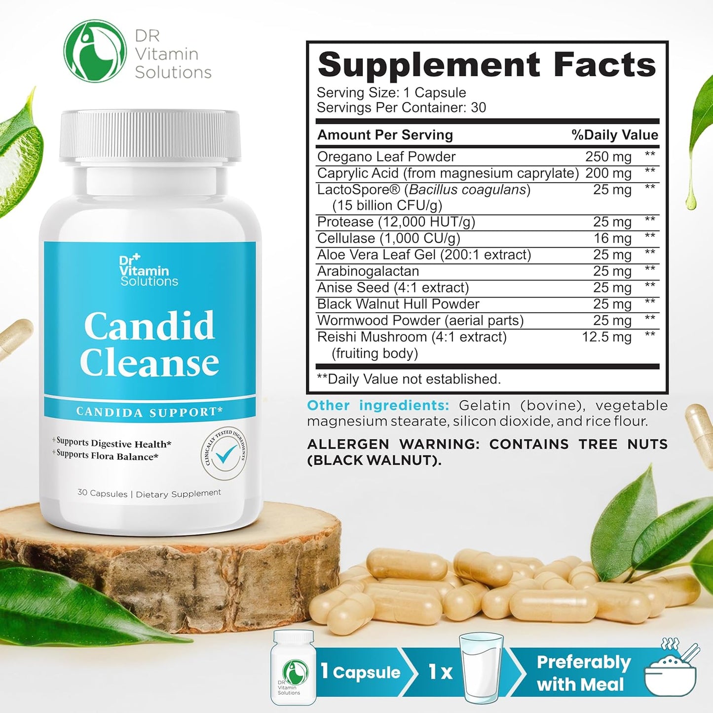 Dr. Vitamin Candida Cleanse Supplement - Promotes Digestive Health & Flora Balance - Oregano, Caprylic Acid, LactoSpore - 30 Caps