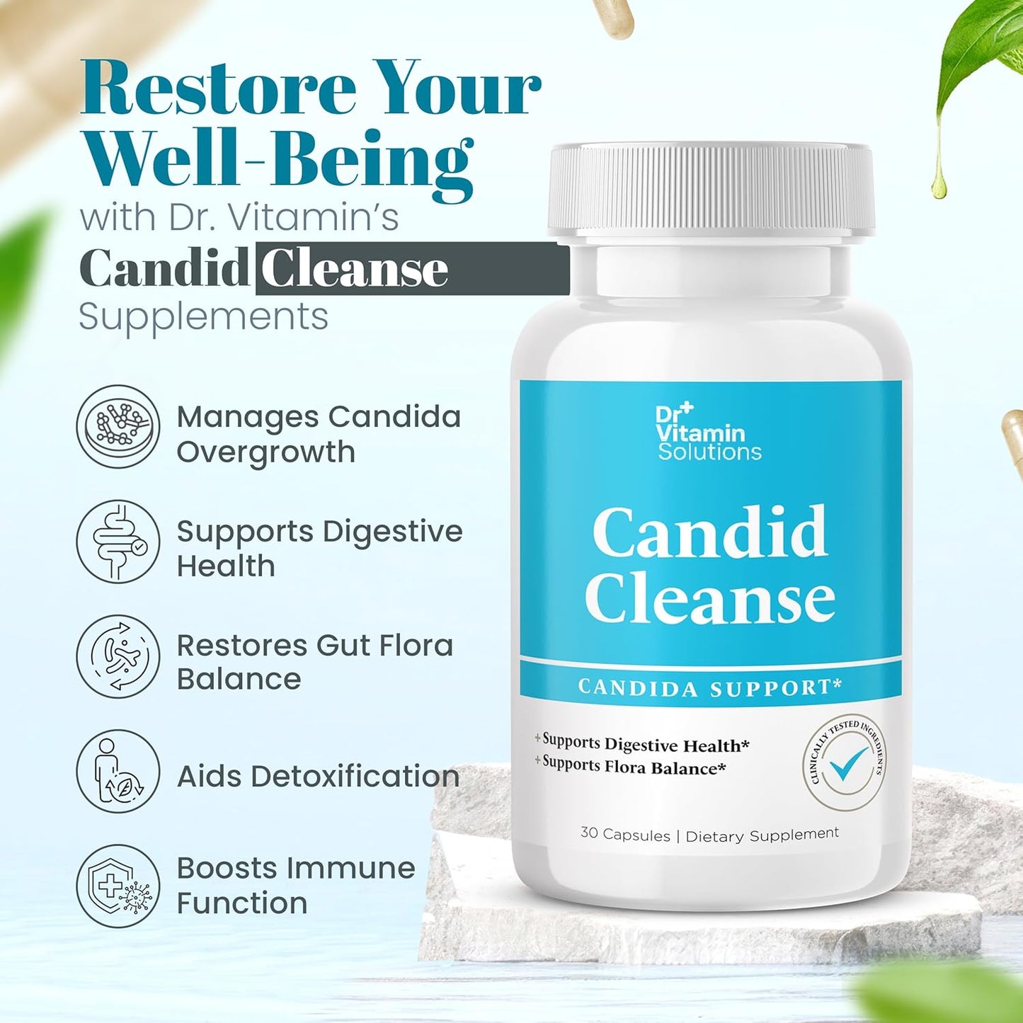 Dr. Vitamin Candida Cleanse Supplement - Promotes Digestive Health & Flora Balance - Oregano, Caprylic Acid, LactoSpore - 30 Caps