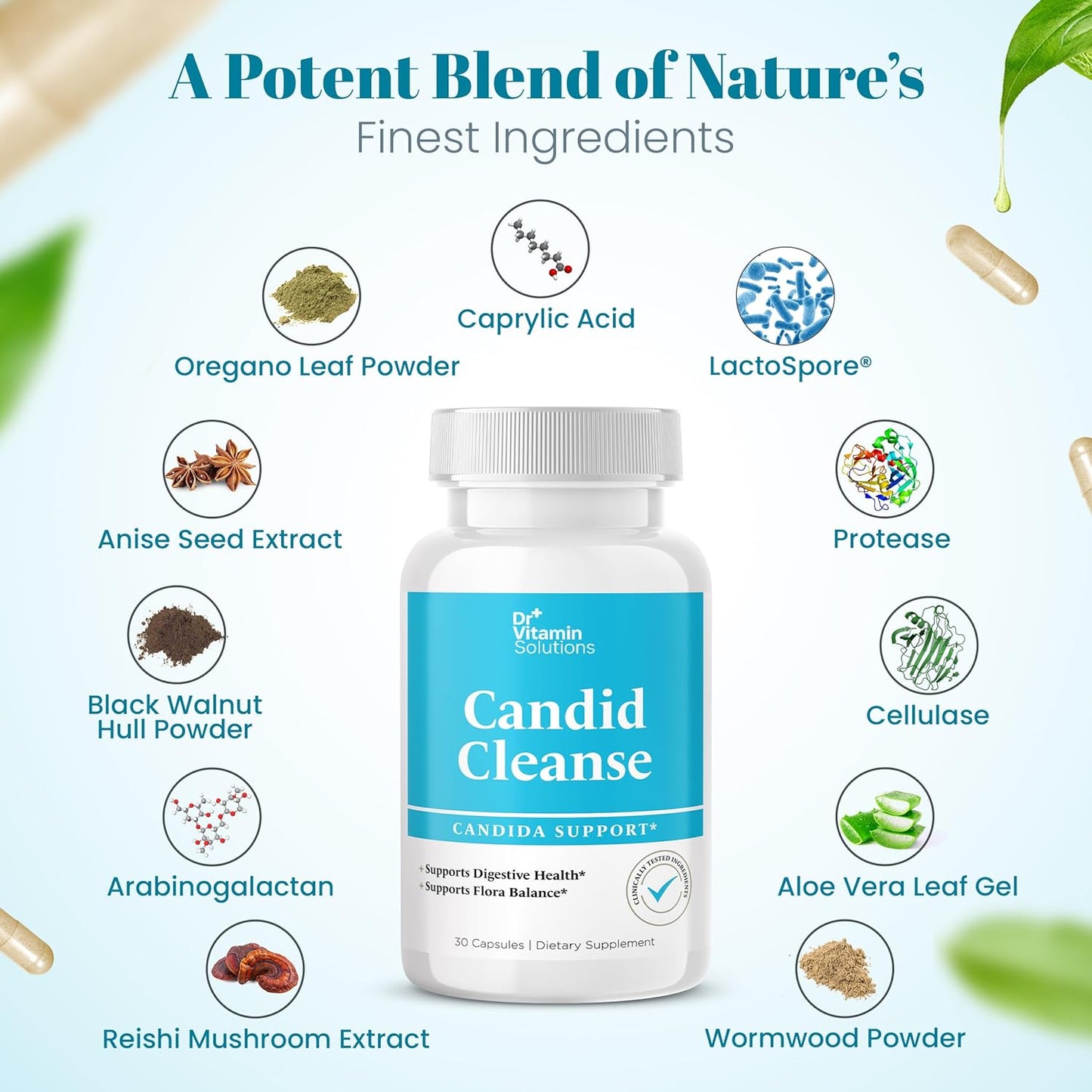 Dr. Vitamin Candida Cleanse Supplement - Promotes Digestive Health & Flora Balance - Oregano, Caprylic Acid, LactoSpore - 30 Caps