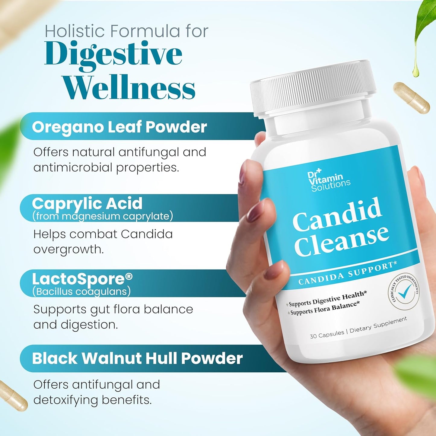 Dr. Vitamin Candida Cleanse Supplement - Promotes Digestive Health & Flora Balance - Oregano, Caprylic Acid, LactoSpore - 30 Caps