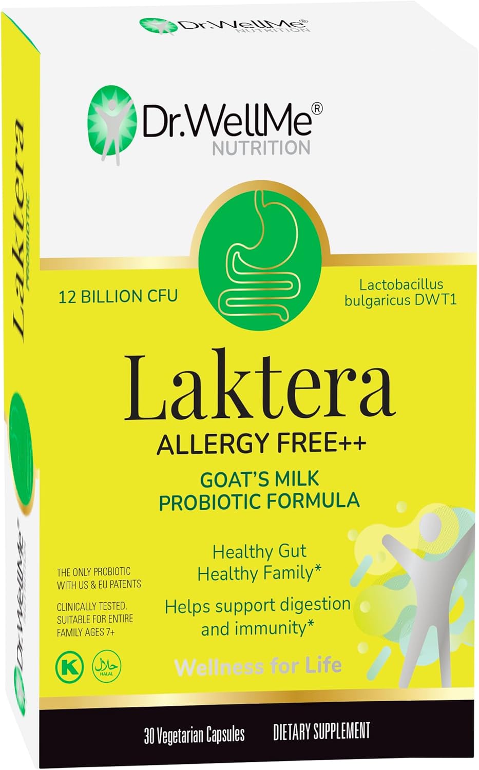 Dr. WellMe Laktera Allergy Free Probiotics - Digestive & Immune Support - Low Lactose Goatās Milk Formula - 30 Capsules
