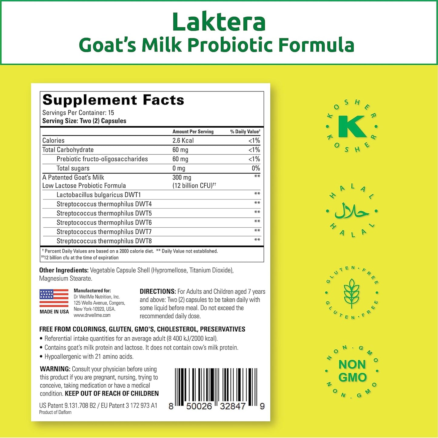 Dr. WellMe Laktera Allergy Free Probiotics - Digestive & Immune Support - Low Lactose Goatās Milk Formula - 30 Capsules