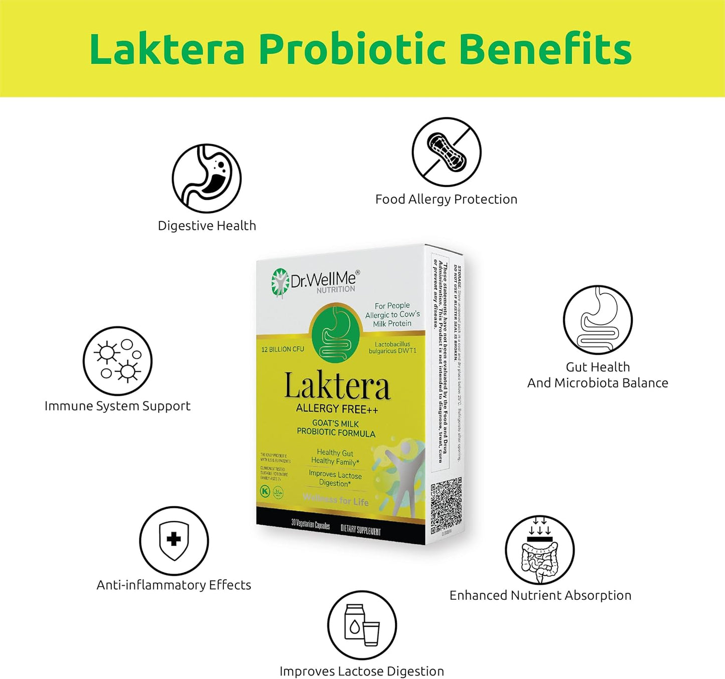 Dr. WellMe Laktera Allergy Free Probiotics - Digestive & Immune Support - Low Lactose Goatās Milk Formula - 30 Capsules