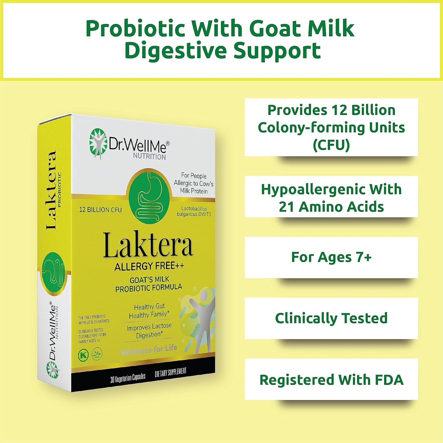 Dr. WellMe Laktera Allergy Free Probiotics - Digestive & Immune Support - Low Lactose Goatās Milk Formula - 30 Capsules