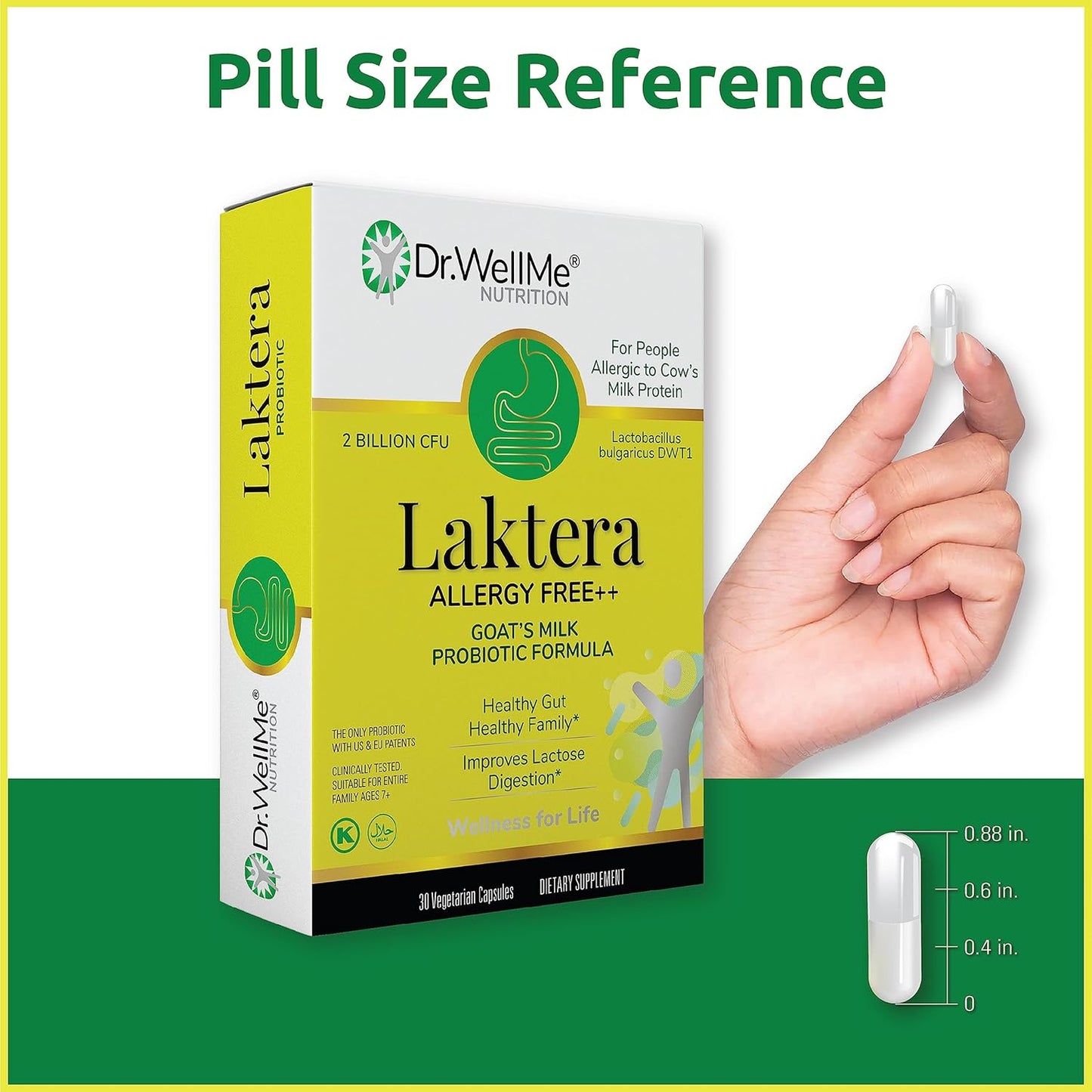 Dr. WellMe Laktera Allergy Free Probiotics - Digestive & Immune Support - Low Lactose Goatās Milk Formula - 30 Capsules