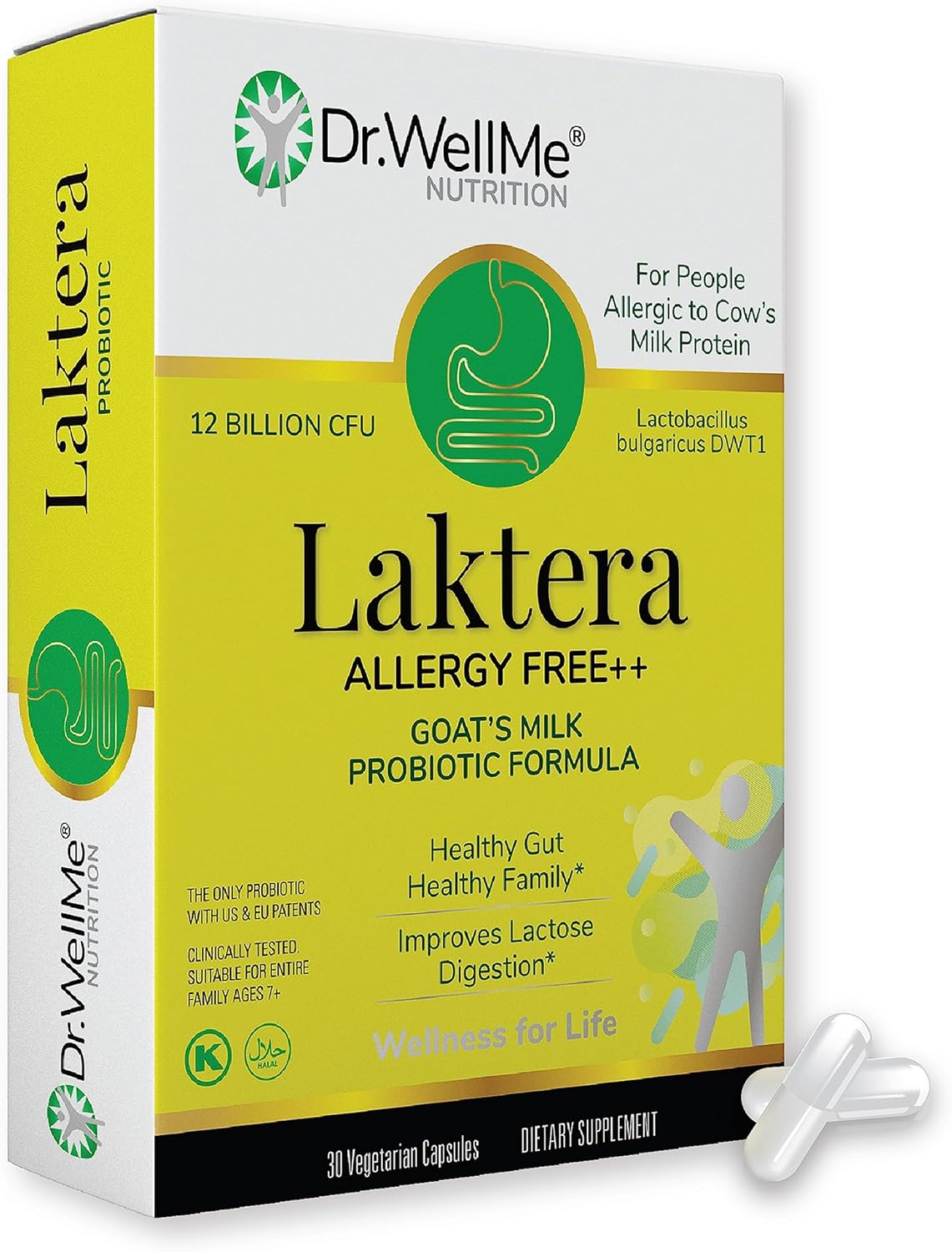 Dr. WellMe Laktera Allergy Free Probiotics - Digestive & Immune Support - Low Lactose Goatās Milk Formula - 30 Capsules