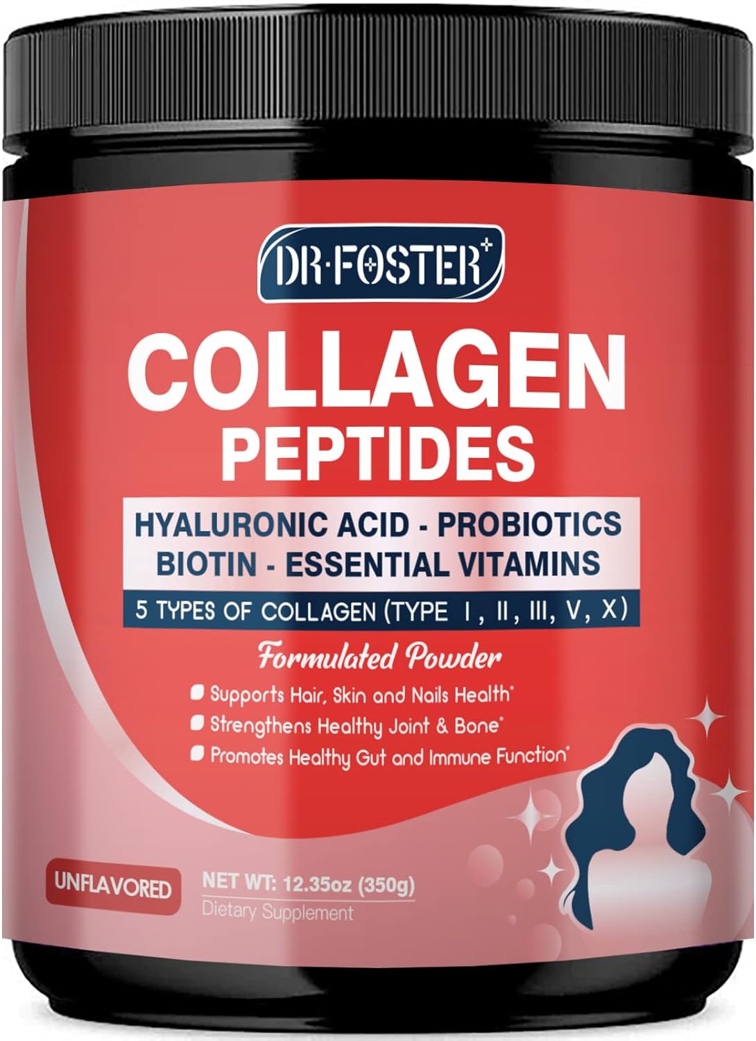 DRFOSTER Multi Collagen Peptides Powder with Probiotics - Type I II III V X - Hydrolyzed Peptides with Multivitamins & Hyaluronic Acid - Skin Hair Nail Joints & Gut Support, 35 Servings