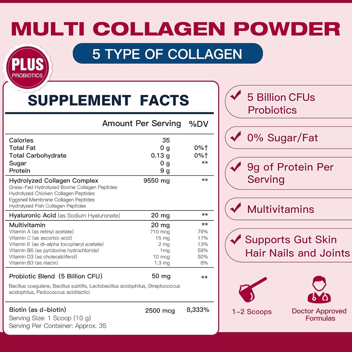 DRFOSTER Multi Collagen Peptides Powder with Probiotics - Type I II III V X - Hydrolyzed Peptides with Multivitamins & Hyaluronic Acid - Skin Hair Nail Joints & Gut Support, 35 Servings