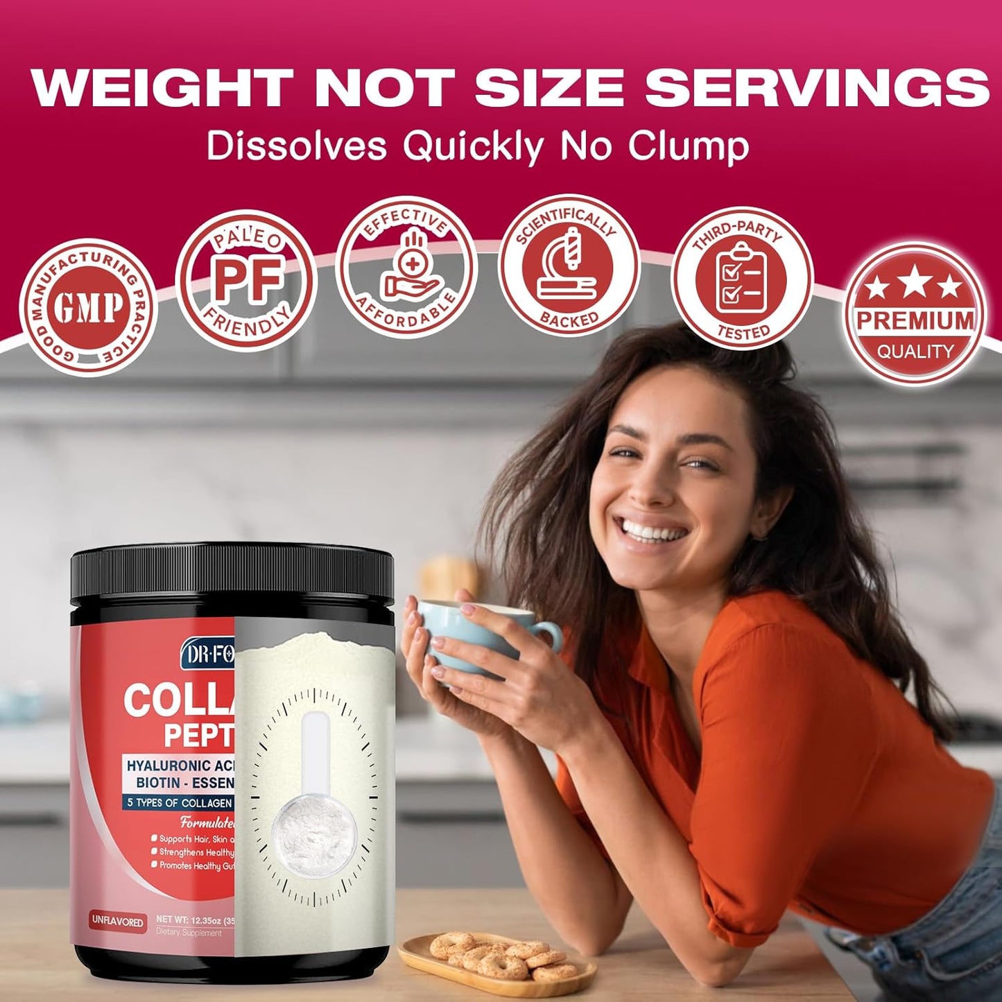 DRFOSTER Multi Collagen Peptides Powder with Probiotics - Type I II III V X - Hydrolyzed Peptides with Multivitamins & Hyaluronic Acid - Skin Hair Nail Joints & Gut Support, 35 Servings