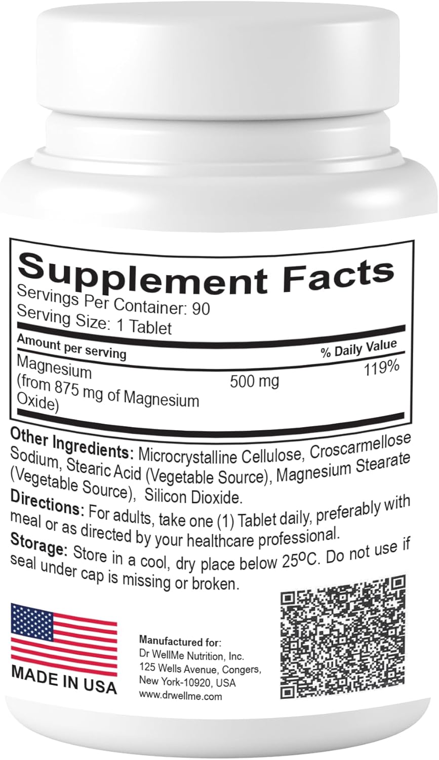 Dr.WellMe Magnesium Oxide Tablets 500mg - Supports Heart Health, Strong Muscles, and Bone Formation - 90 Count
