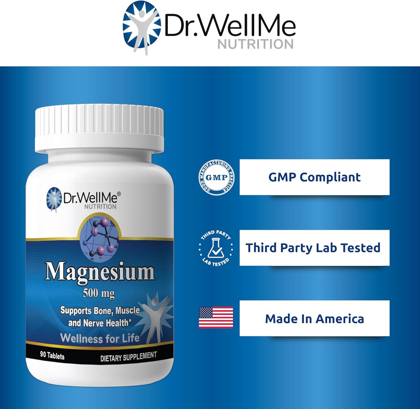 Dr.WellMe Magnesium Oxide Tablets 500mg - Supports Heart Health, Strong Muscles, and Bone Formation - 90 Count