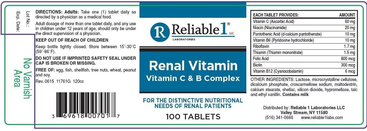 Dual Pack: Reliable 1 Renal Vitamin C & B Complex - 2 Bottles for Kidney Health