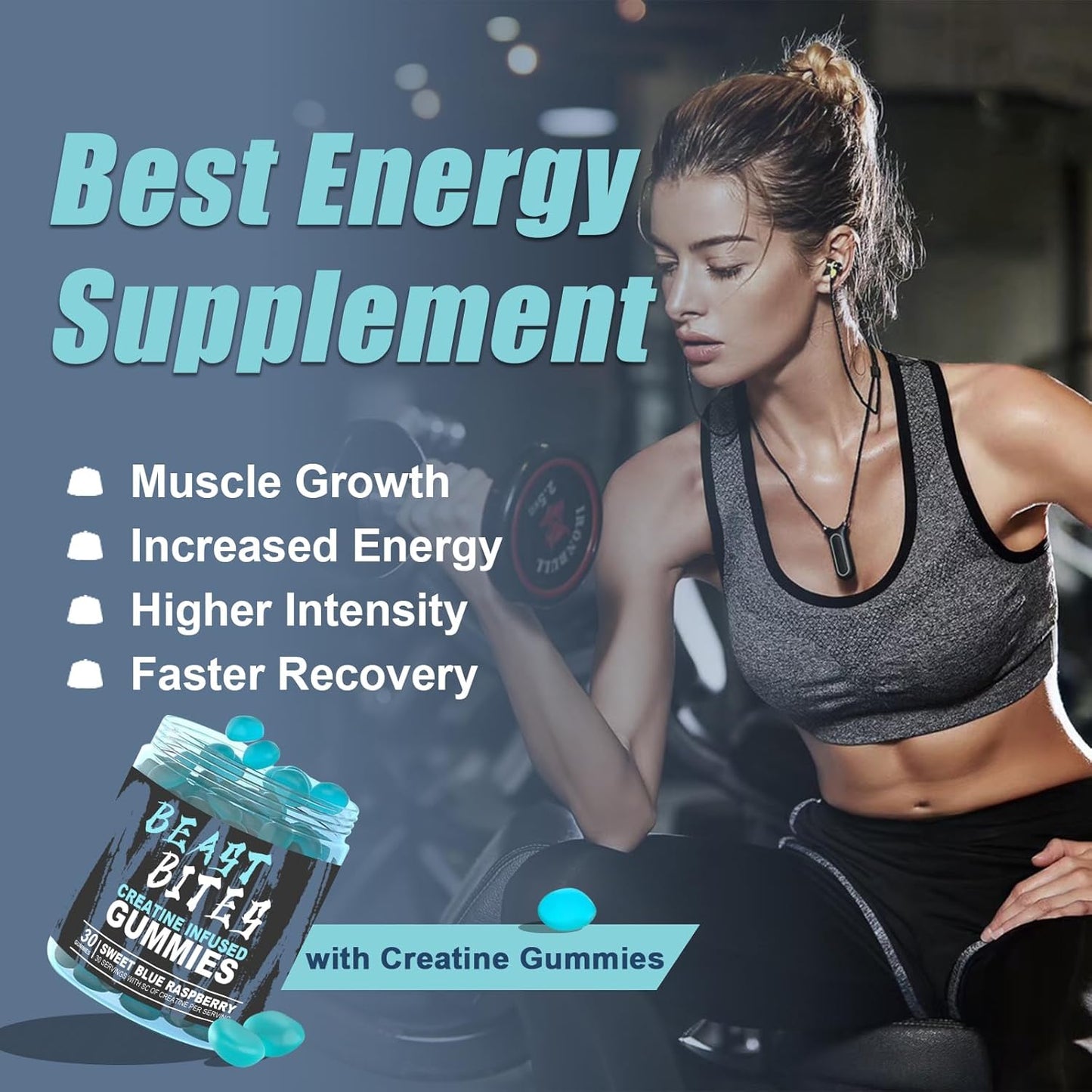 DYALE Beast Bites: Blue Raspberry Flavor Creatine Gummies - 5g Creatine Monohydrate, No Sugar, Low-Calorie, Vegan & Halal - 30 Count, Made in USA