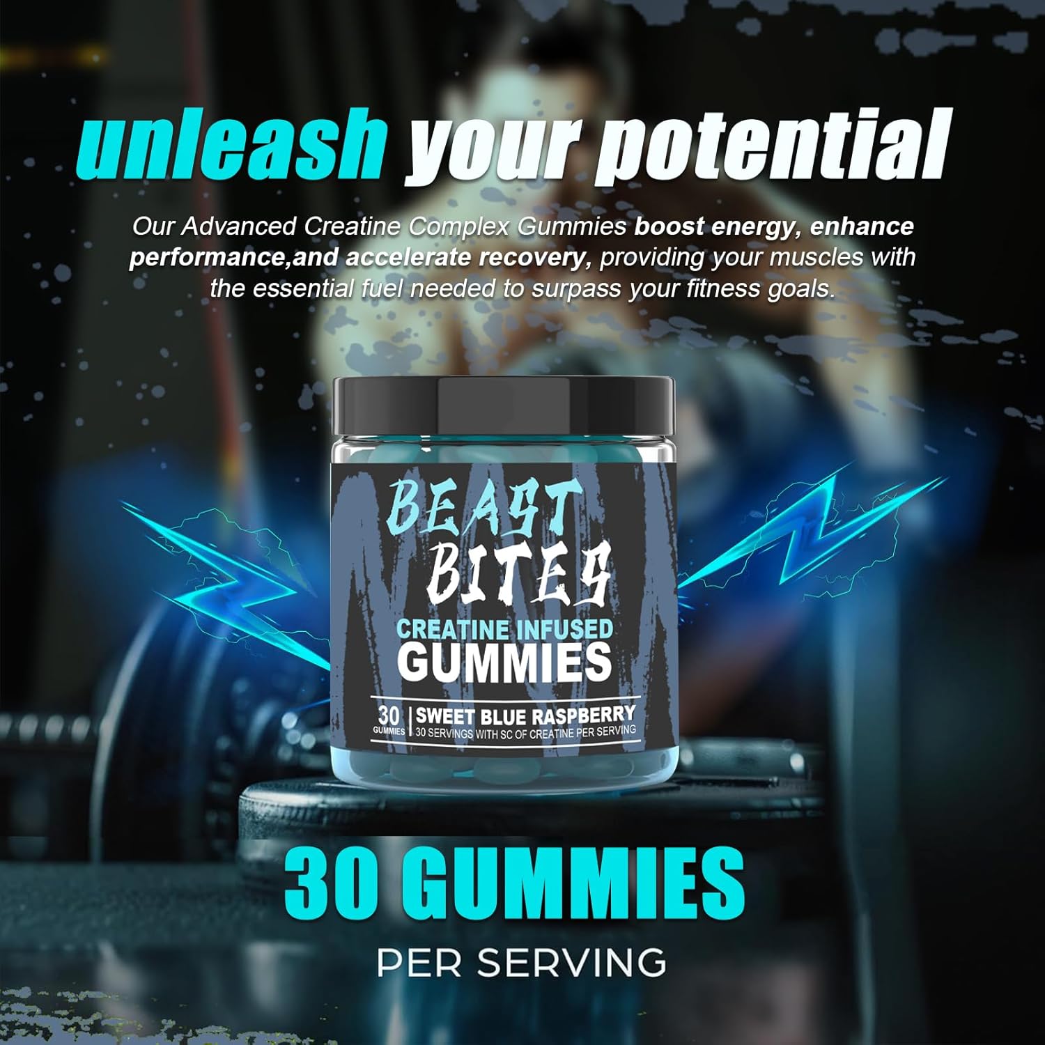 DYALE Beast Bites: Blue Raspberry Flavor Creatine Gummies - 5g Creatine Monohydrate, No Sugar, Low-Calorie, Vegan & Halal - 30 Count, Made in USA