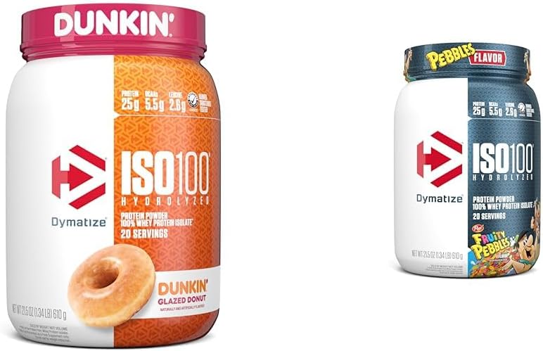 Dymatize ISO100 Dunkin' Glazed Donut Whey Protein Powder - 20 Servings, 25g Protein, 5.5g BCAAs, Gluten-Free