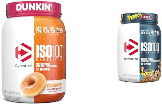 Dymatize ISO100 Dunkin' Glazed Donut Whey Protein Powder - 20 Servings, 25g Protein, 5.5g BCAAs, Gluten-Free