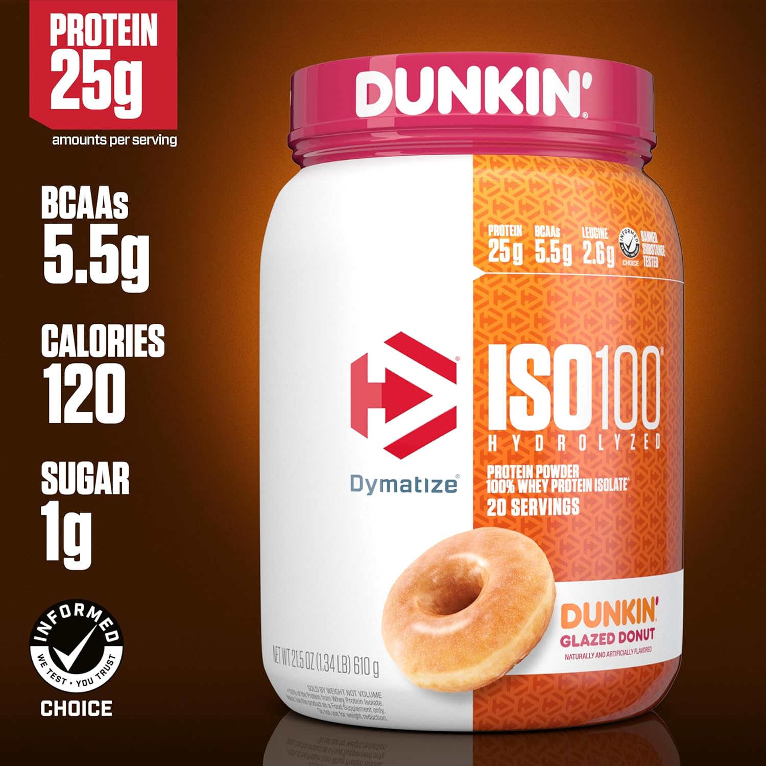 Dymatize ISO100 Dunkin' Glazed Donut Whey Protein Powder - 20 Servings, 25g Protein, 5.5g BCAAs, Gluten-Free