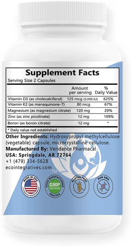 EcoIntegratives D3 Plus Boron Vitamin K2 Magnesium Zinc Vegan Capsules for Overall Health and Wellness
