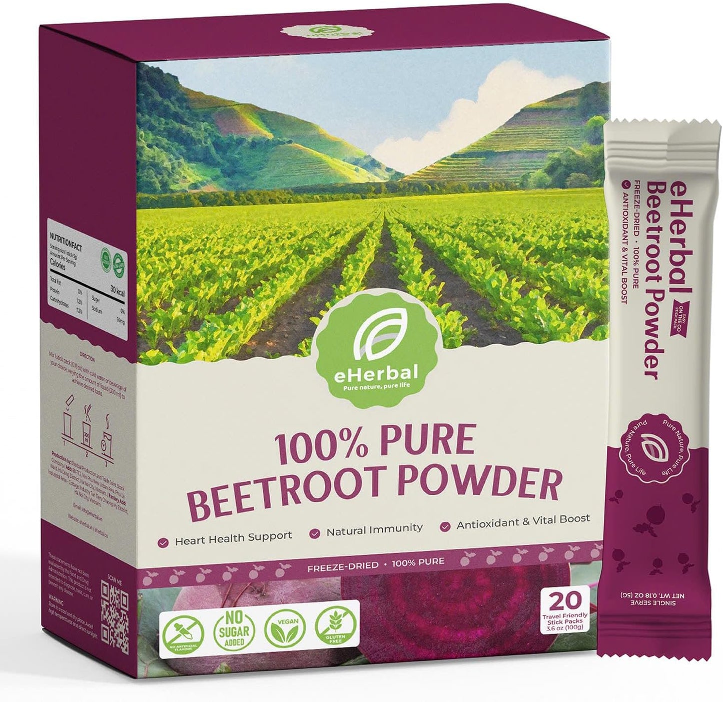 eHerbal Freeze Dried Beet Root Powder 20 Packs | Pure Beet Juice for High Blood Pressure, Clean Energy Boost | Nitric Oxide Booster Drink Mix | Non-GMO Plant Based | Convenient 5g Sticks