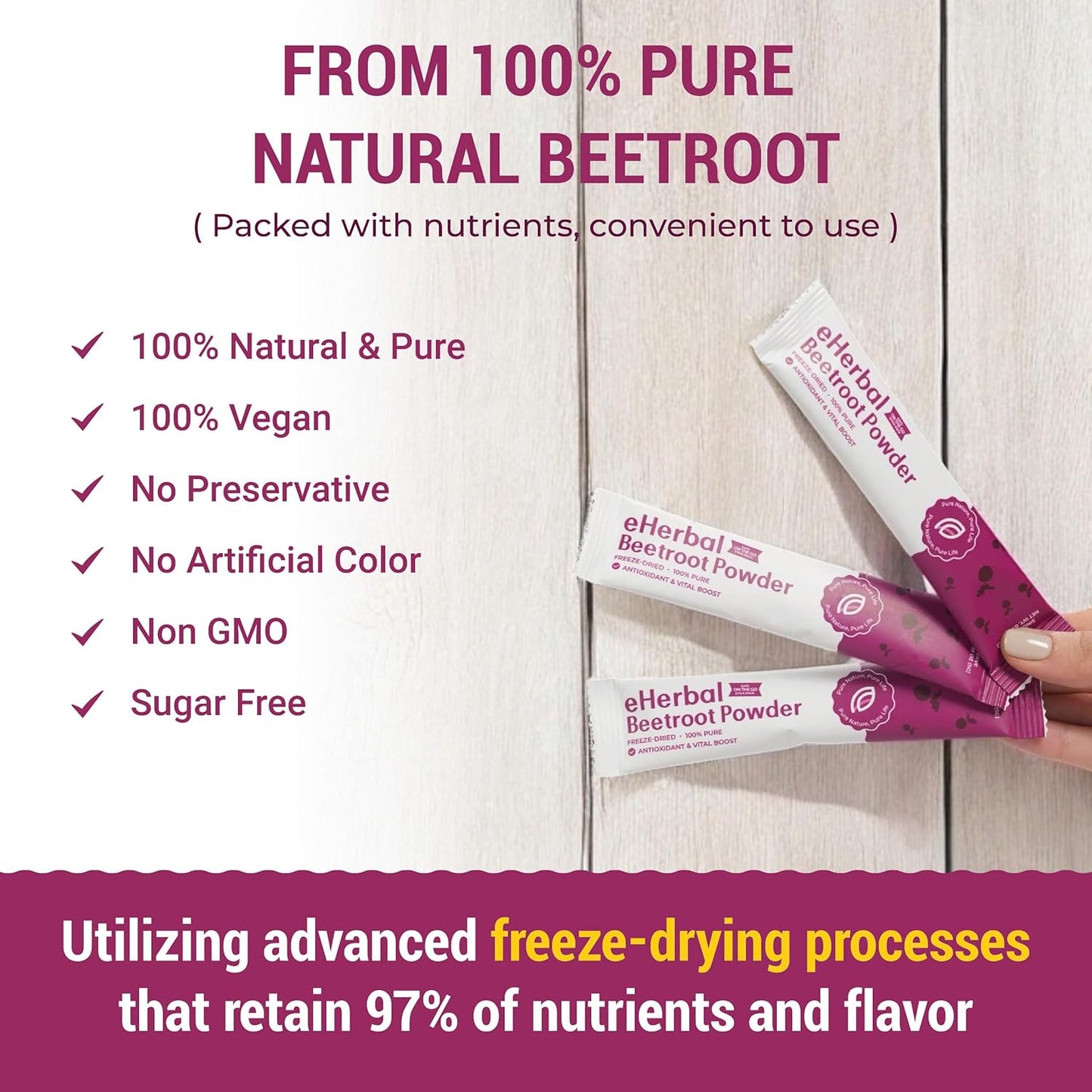 eHerbal Freeze Dried Beet Root Powder 20 Packs | Pure Beet Juice for High Blood Pressure, Clean Energy Boost | Nitric Oxide Booster Drink Mix | Non-GMO Plant Based | Convenient 5g Sticks