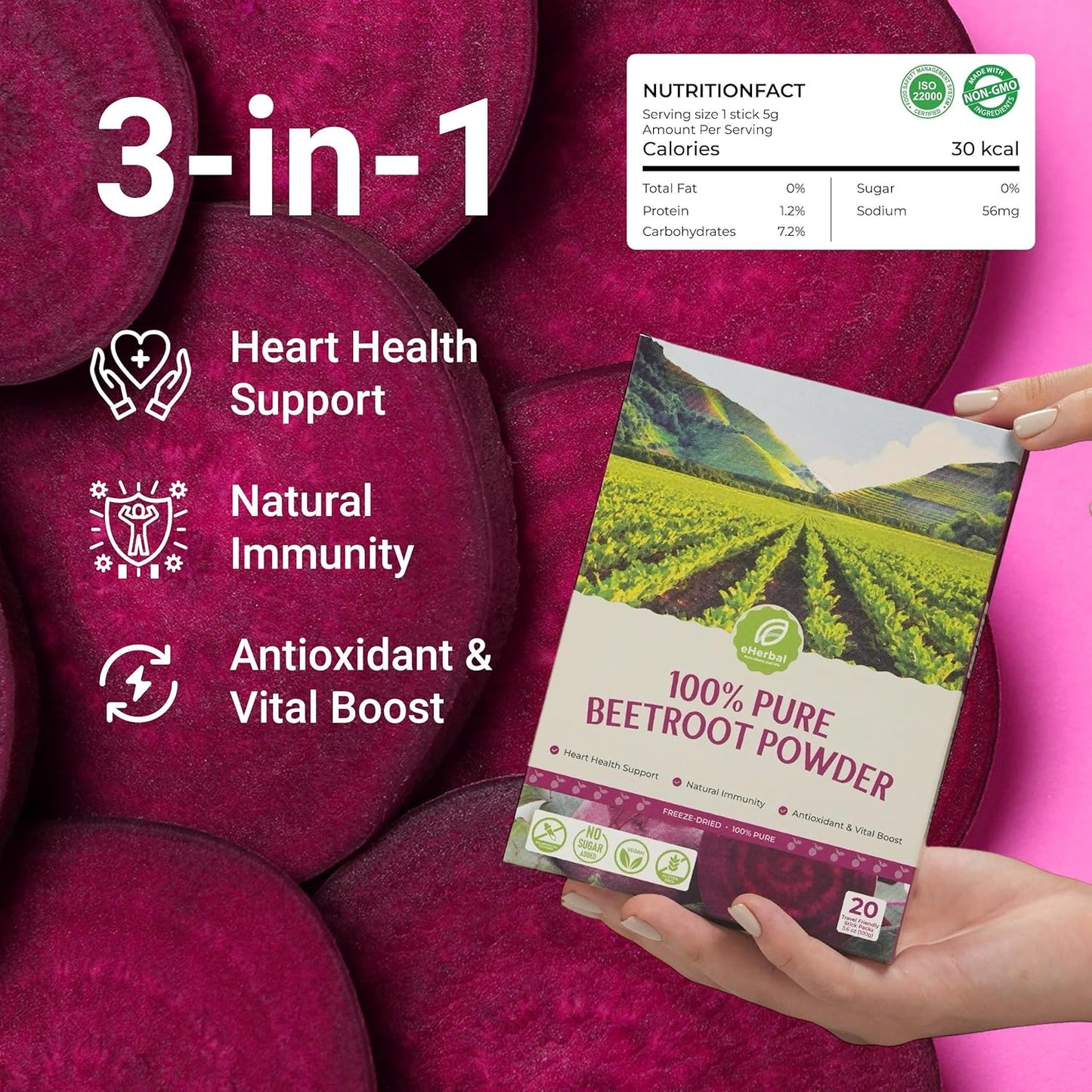 eHerbal Freeze Dried Beet Root Powder 20 Packs | Pure Beet Juice for High Blood Pressure, Clean Energy Boost | Nitric Oxide Booster Drink Mix | Non-GMO Plant Based | Convenient 5g Sticks