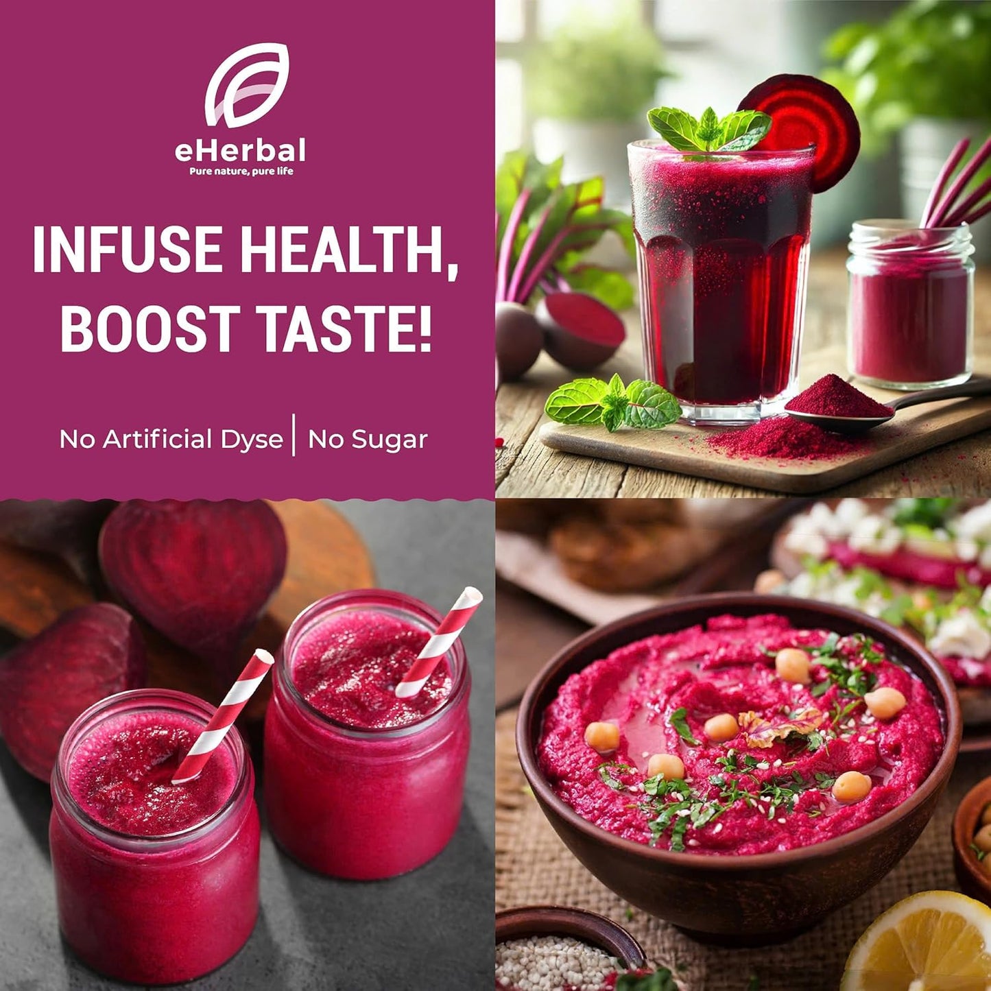eHerbal Freeze Dried Beet Root Powder 20 Packs | Pure Beet Juice for High Blood Pressure, Clean Energy Boost | Nitric Oxide Booster Drink Mix | Non-GMO Plant Based | Convenient 5g Sticks
