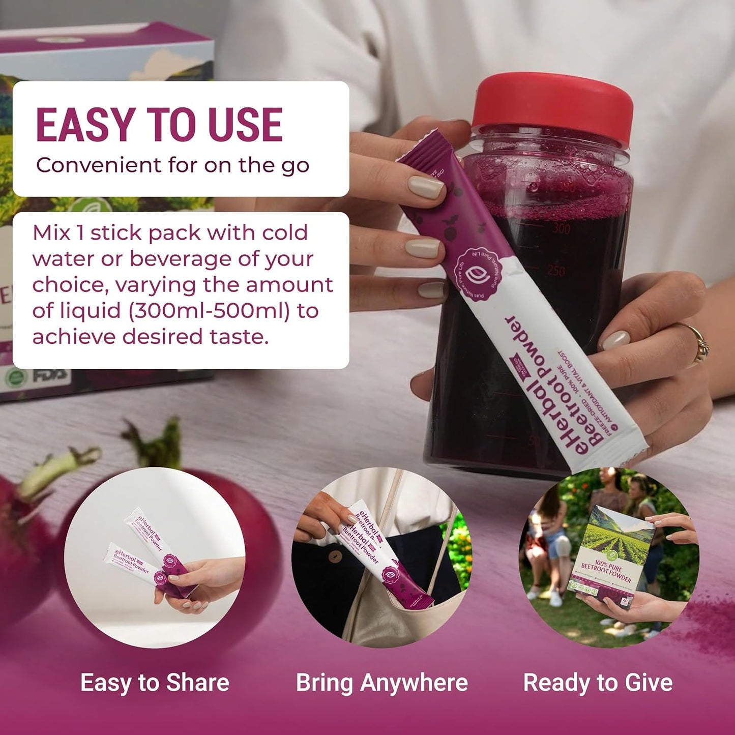 eHerbal Freeze Dried Beet Root Powder 20 Packs | Pure Beet Juice for High Blood Pressure, Clean Energy Boost | Nitric Oxide Booster Drink Mix | Non-GMO Plant Based | Convenient 5g Sticks