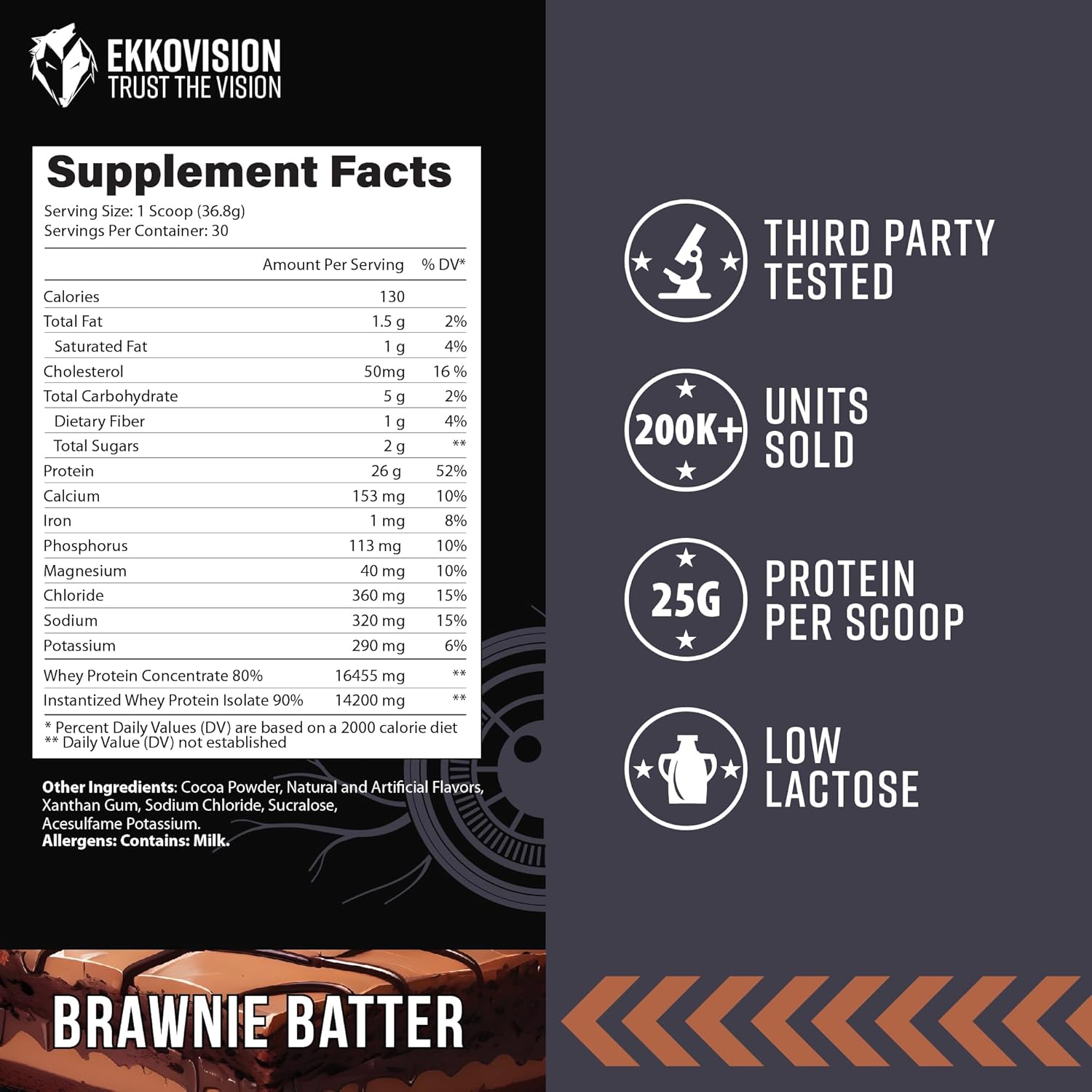 Ekkovision Brownie Batter Protein Powder - 25g Whey Protein, Low Lactose, High Protein for Active Lifestyles - 30 Servings