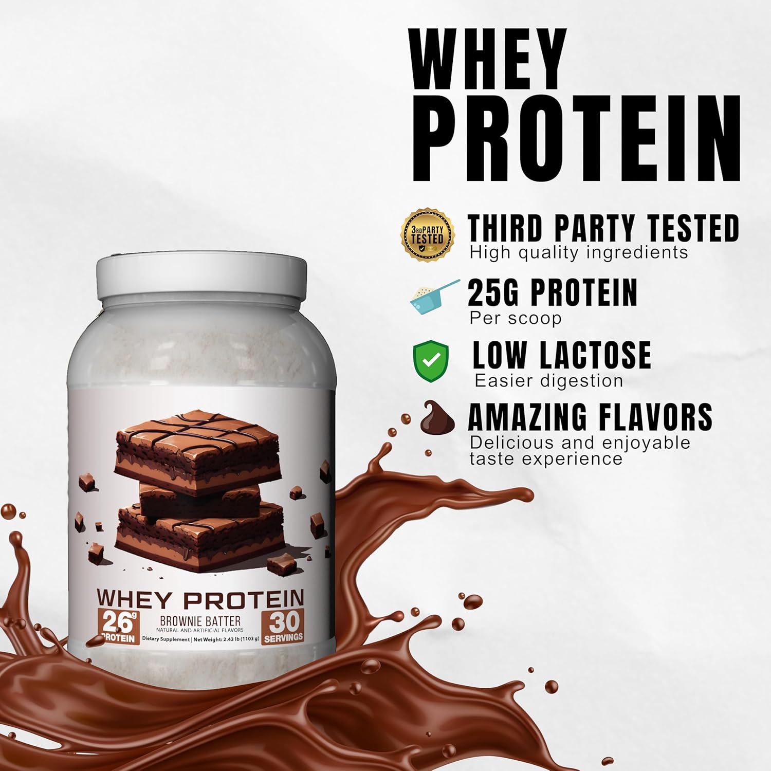 Ekkovision Brownie Batter Protein Powder - 25g Whey Protein, Low Lactose, High Protein for Active Lifestyles - 30 Servings