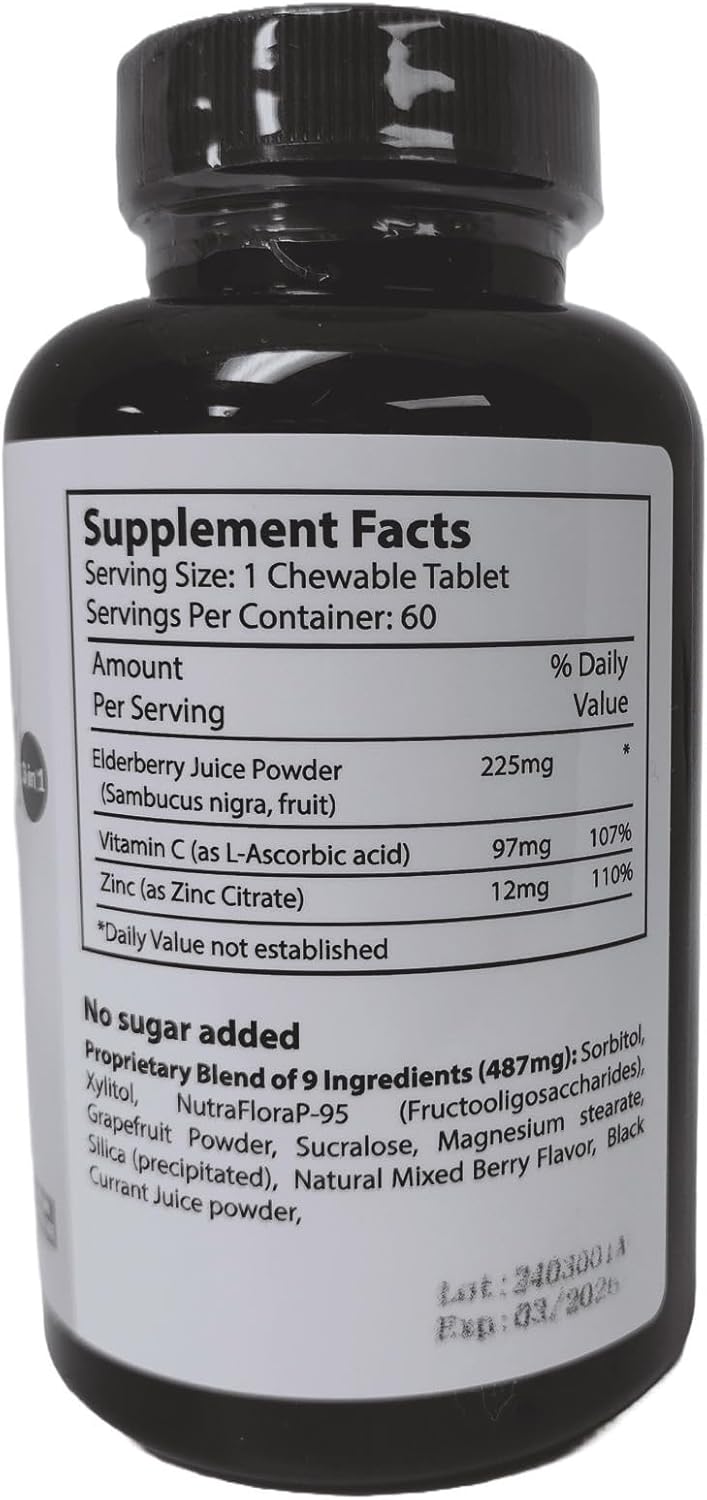 Elderberry Immune Booster Tablets with Zinc & Vitamin C - Sugar-Free, Lab Tested, 60 Chewables, No Artificial Ingredients