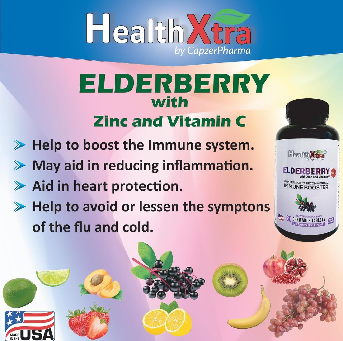 Elderberry Immune Booster Tablets with Zinc & Vitamin C - Sugar-Free, Lab Tested, 60 Chewables, No Artificial Ingredients