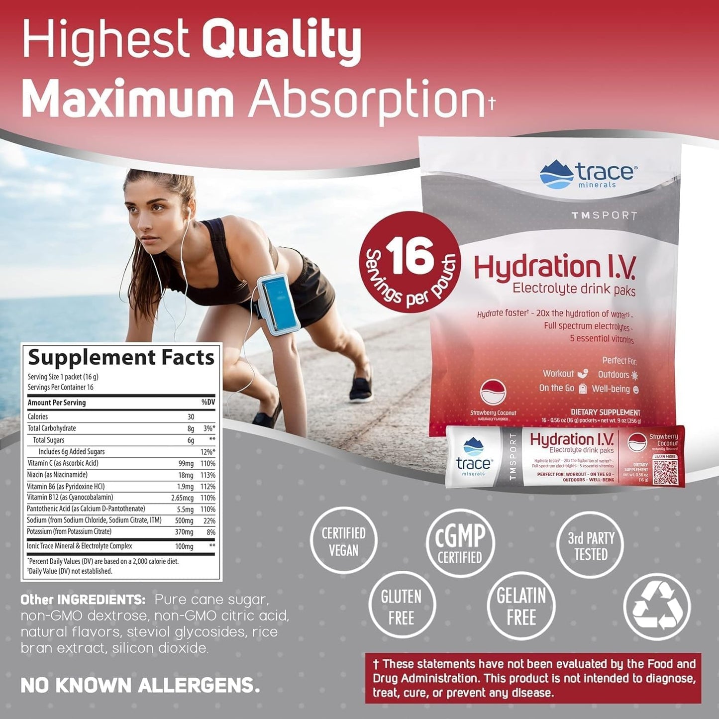 Electrolyte Powder Packets for Rapid Rehydration & Energy | Strawberry Coconut Flavor | 16 Travel Packs