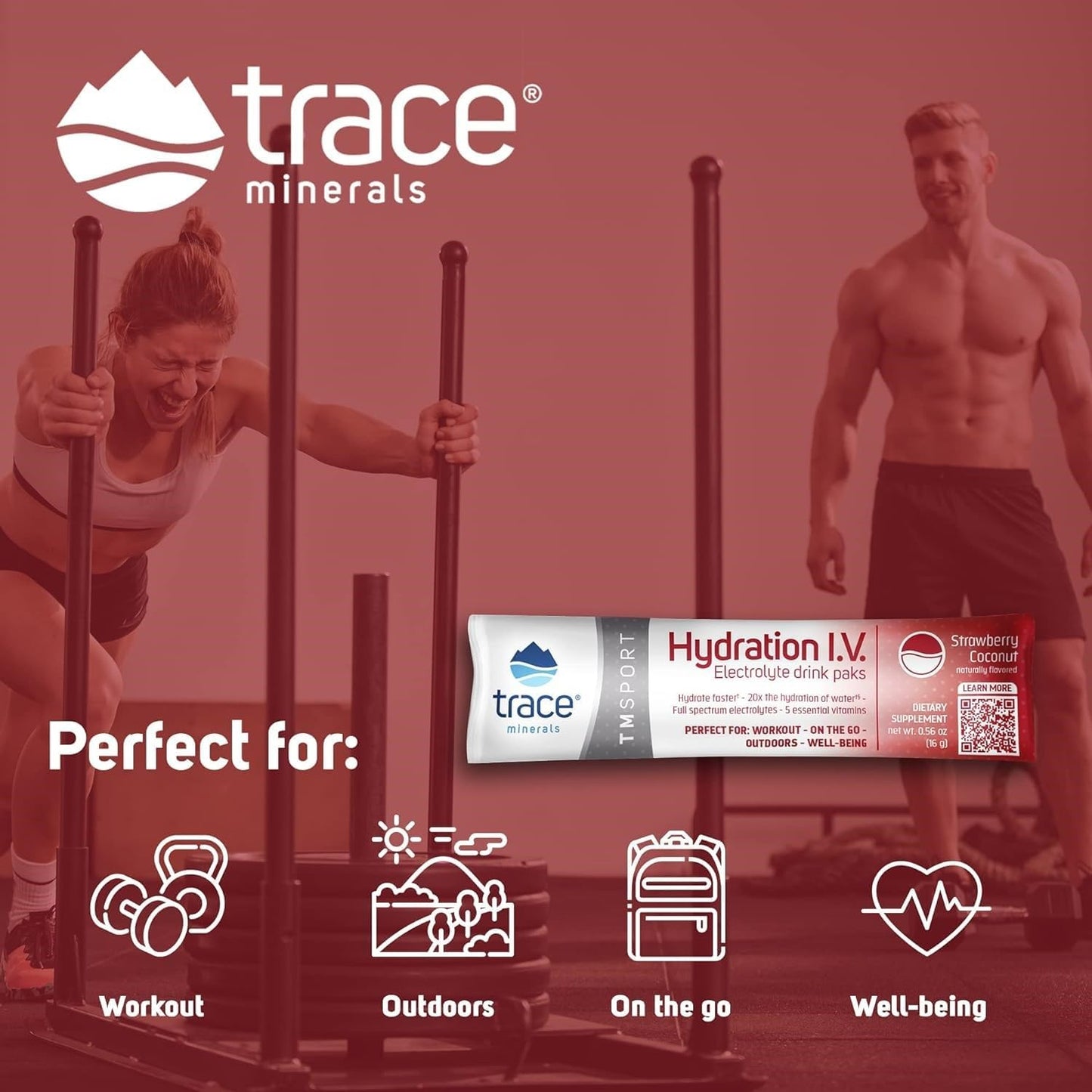 Electrolyte Powder Packets for Rapid Rehydration & Energy | Strawberry Coconut Flavor | 16 Travel Packs
