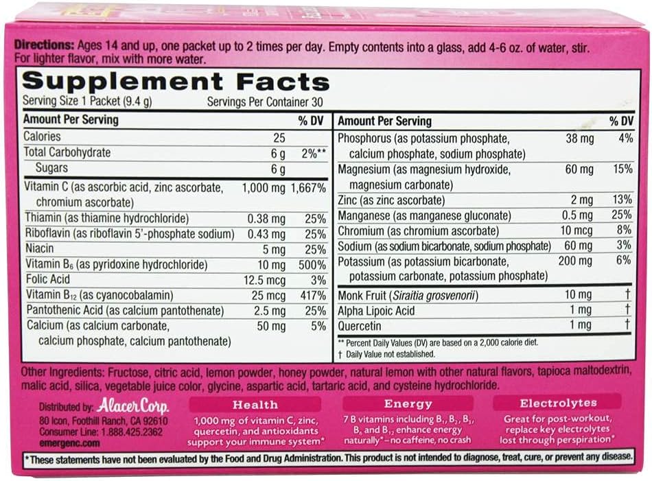 Emergen-C 1000mg Vitamin C Powder - Immune Support Supplements with Zinc, B Vitamins, Electrolytes - Super Orange Flavor - 30 Count