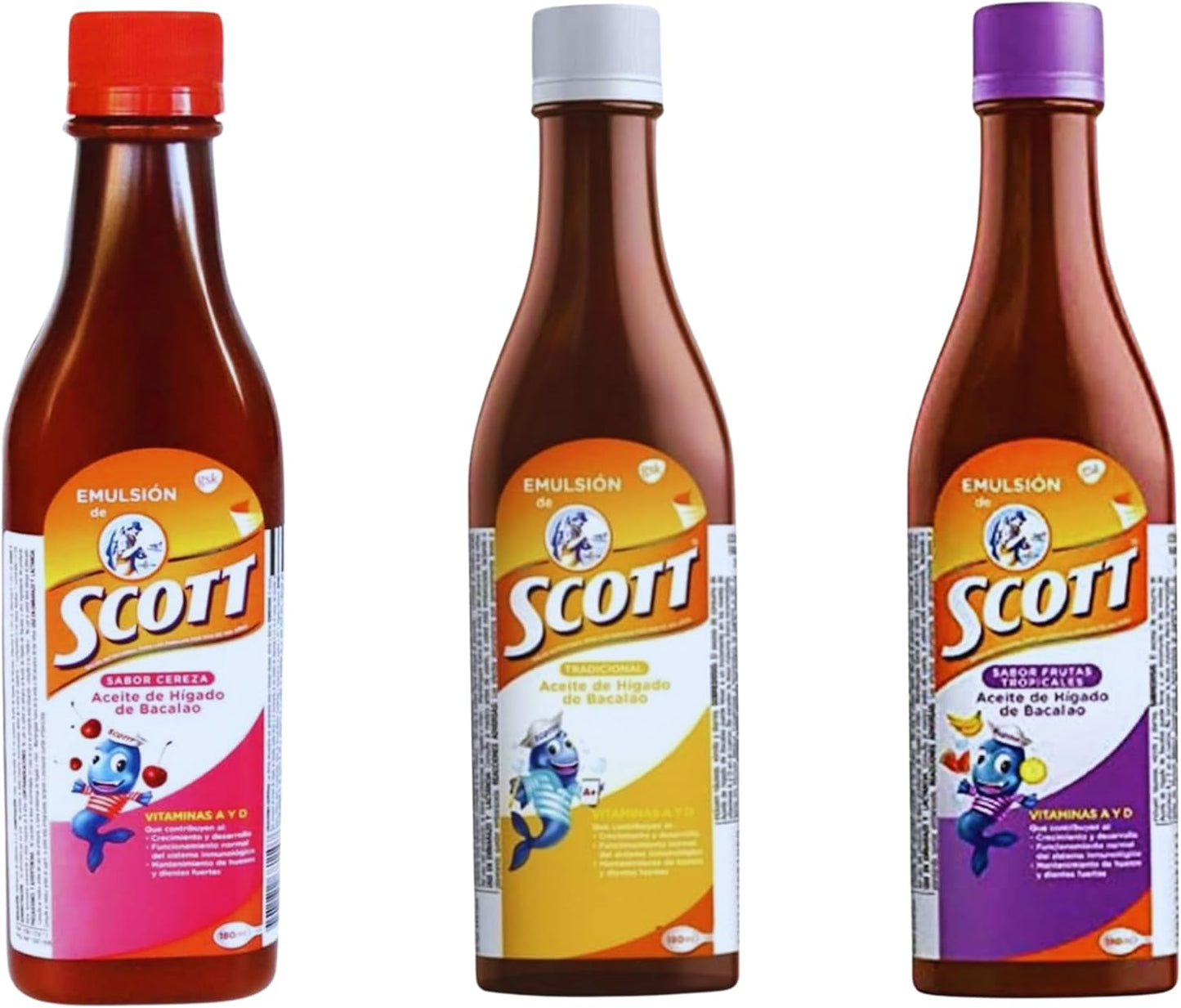 Emulsión de Scott 3-Pack Combo - Cod Liver Oil in Traditional, Cherry, Tropical Fruit Flavors - 180ml Each