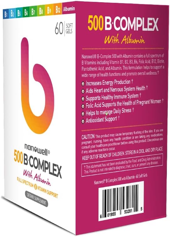 Energy Boosting B-Complex 500 Softgels with Albumin for Immune Support - 30 Day Supply