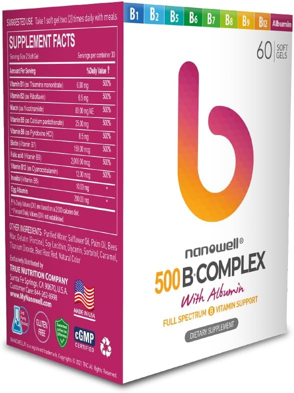 Energy Boosting B-Complex 500 Softgels with Albumin for Immune Support - 30 Day Supply