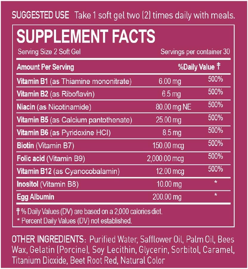 Energy Boosting B-Complex 500 Softgels with Albumin for Immune Support - 30 Day Supply