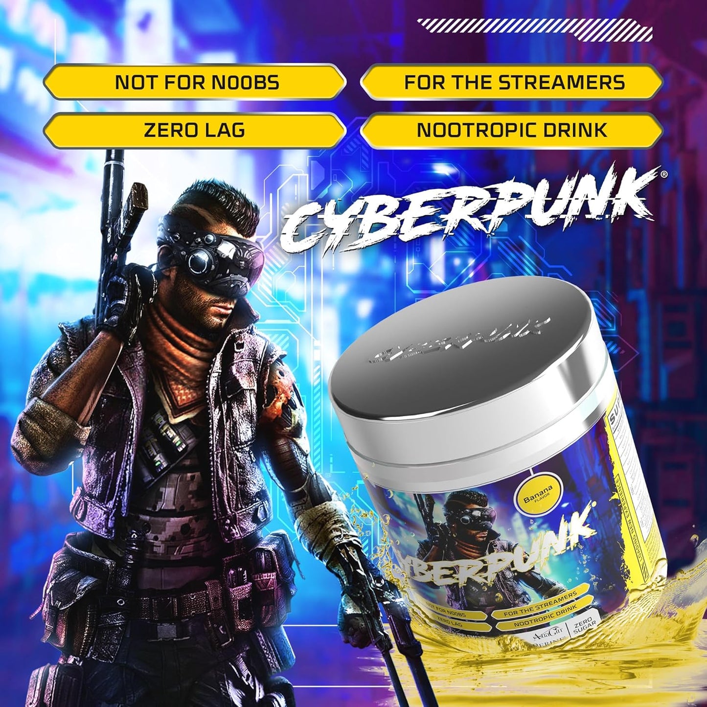 Energy-Boosting Cyberpunk Gaming Powder with Adaptogens, Vitamins, and Minerals - 40 Servings of Natural Nootropic Drink (Banana Flavor)