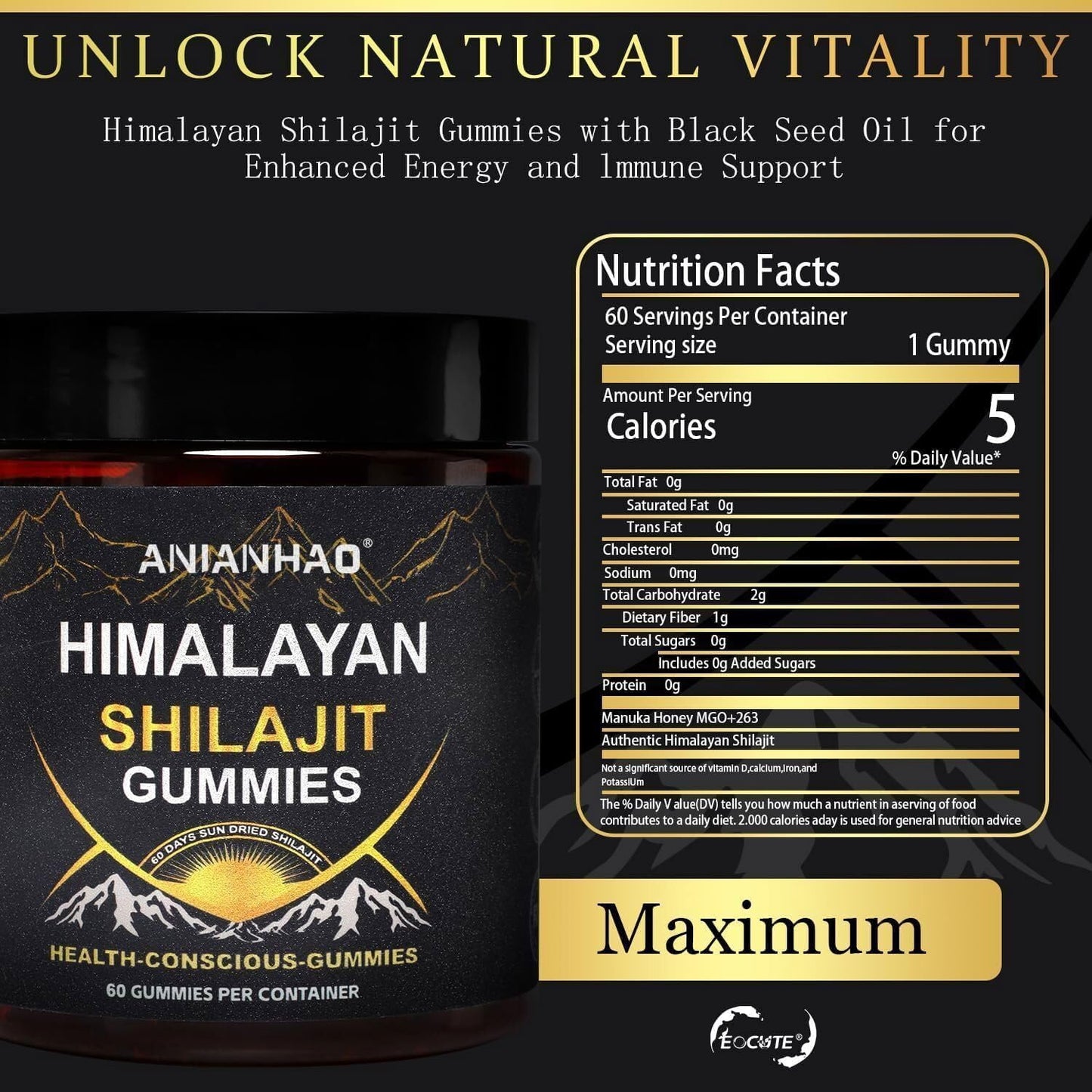Energy-Boosting Himalayan Shilajit Gummies with Honey, Immune Support, Trace Minerals, Fulvic Acid - 60 Gummies for Health Conscious Individuals