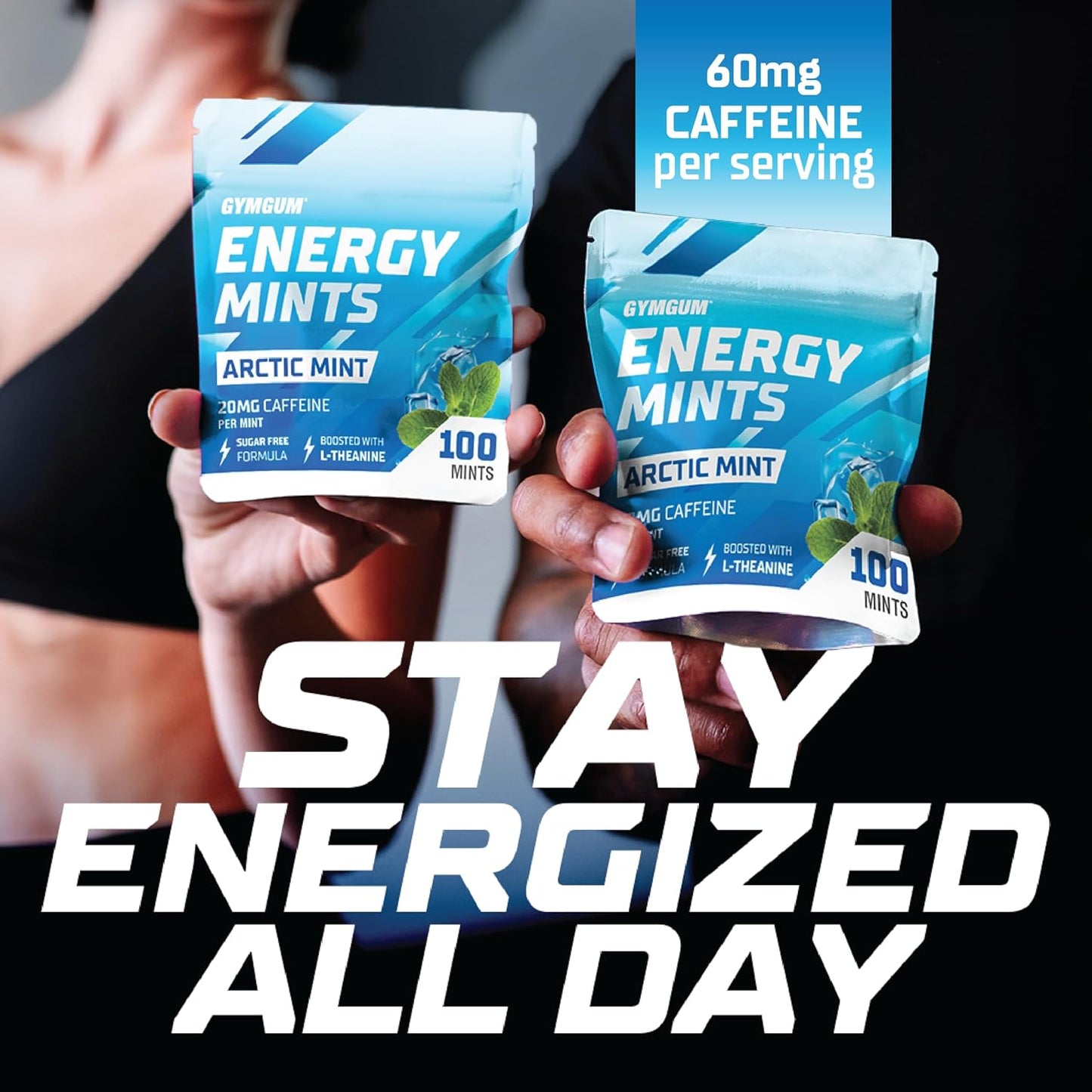 Energy Caffeine Mints with L-theanine and B Vitamins - 60mg Caffeine Per Serving - Sugar Free - Arctic Mint Flavor - 300 Mints