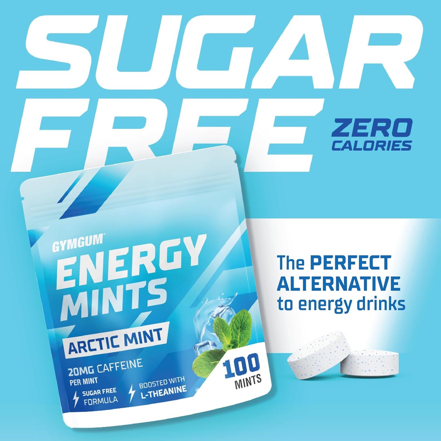 Energy Caffeine Mints with L-theanine and B Vitamins - 60mg Caffeine Per Serving - Sugar Free - Arctic Mint Flavor - 300 Mints