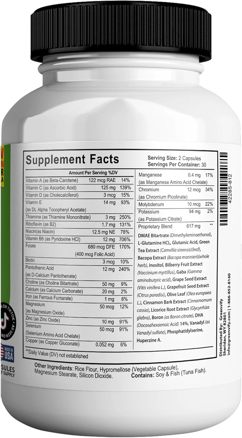 Enhance Memory & Focus with GREENVIFY Brain Support Supplement - 120 Natural Capsules