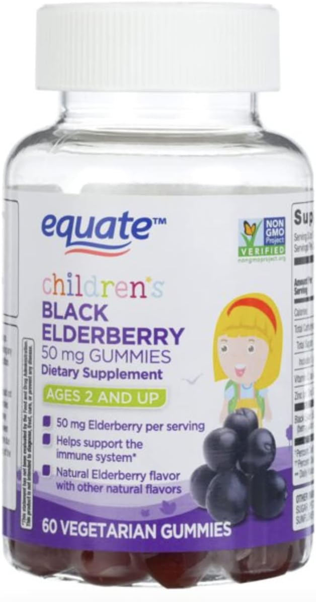 Equate Elderberry Gummies for Kids 2+ Years - 50mg/60 ct - Value Pack with Bonus Health Guide