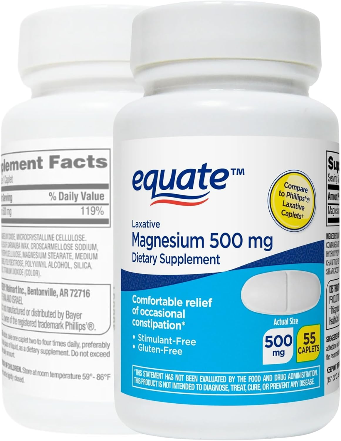 Equate Magnesium Laxative Caplets - 55 Count, Gentle Relief for Constipation, Cramps, Stimulant-Free Supplement