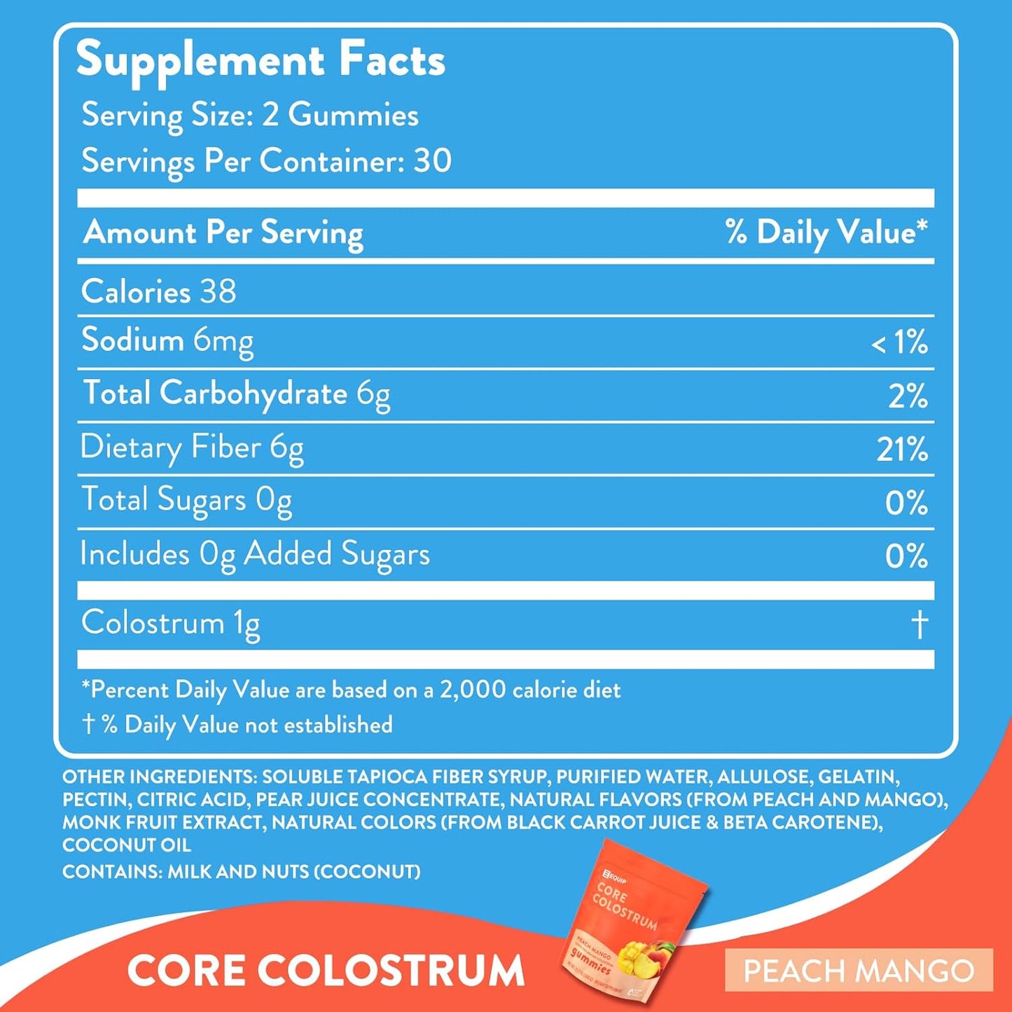 Equip Foods Core Colostrum Gummies - 1g Ultra-Premium Grass Fed Colostrum - Gut Health, Immunity, Hair and Skin Support - Peach Mango & Raspberry Flavor - Convenient Pack of 1