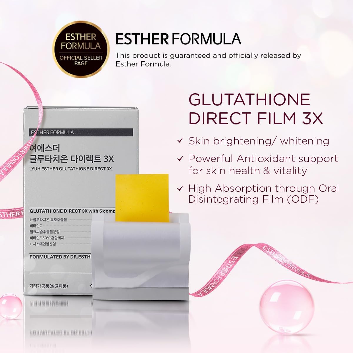 ESTHER FORMULA Glutathione Oral Film 3X 320mg (30pcs), Korean Skin Whitening Supplement with Enhanced Absorption