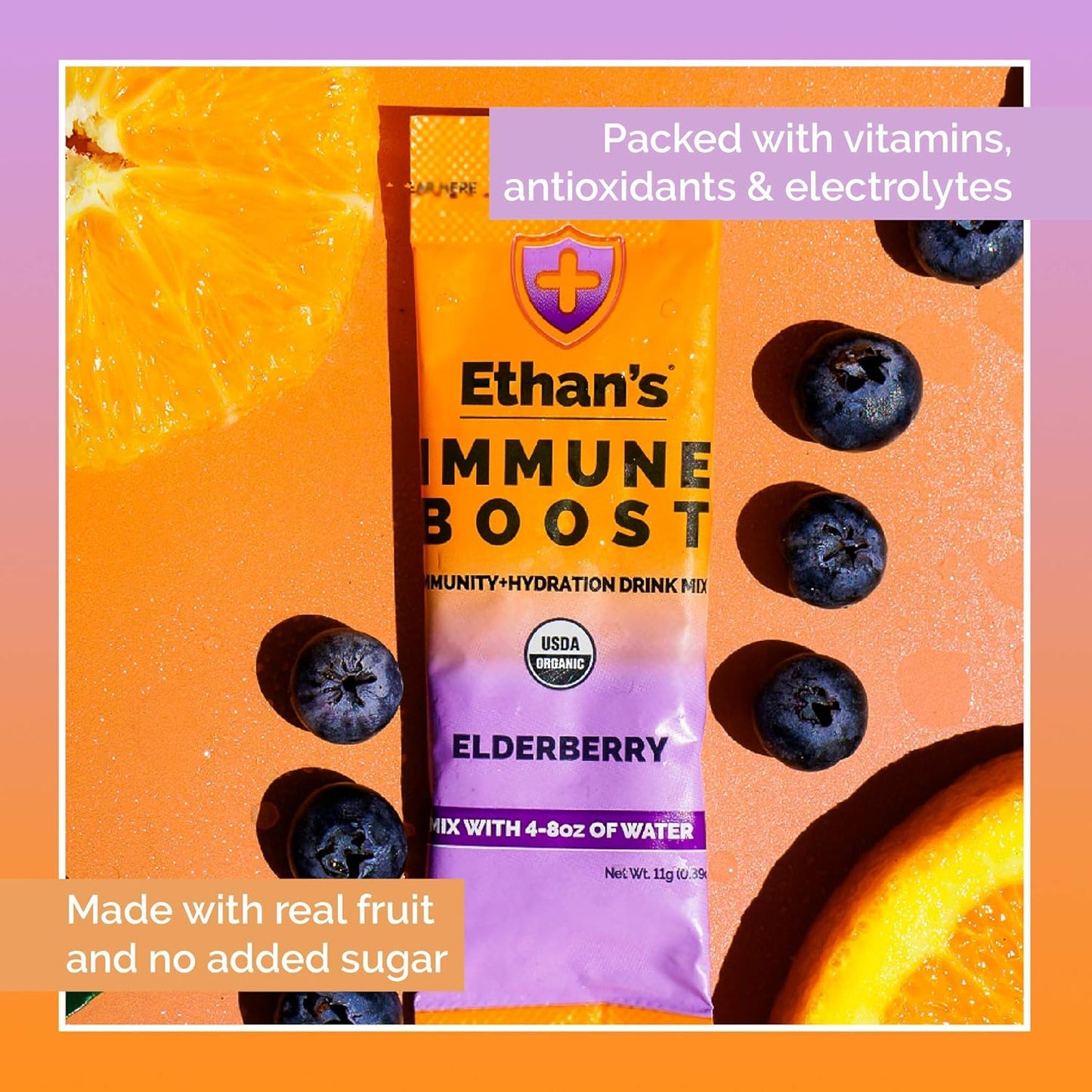 Ethan's Organic Elderberry Drink Mix Powder Packets for Immunity Support and Hydration, Vitamin C, D, Zinc, Real Fruit, No Sugar (6 Pack)
