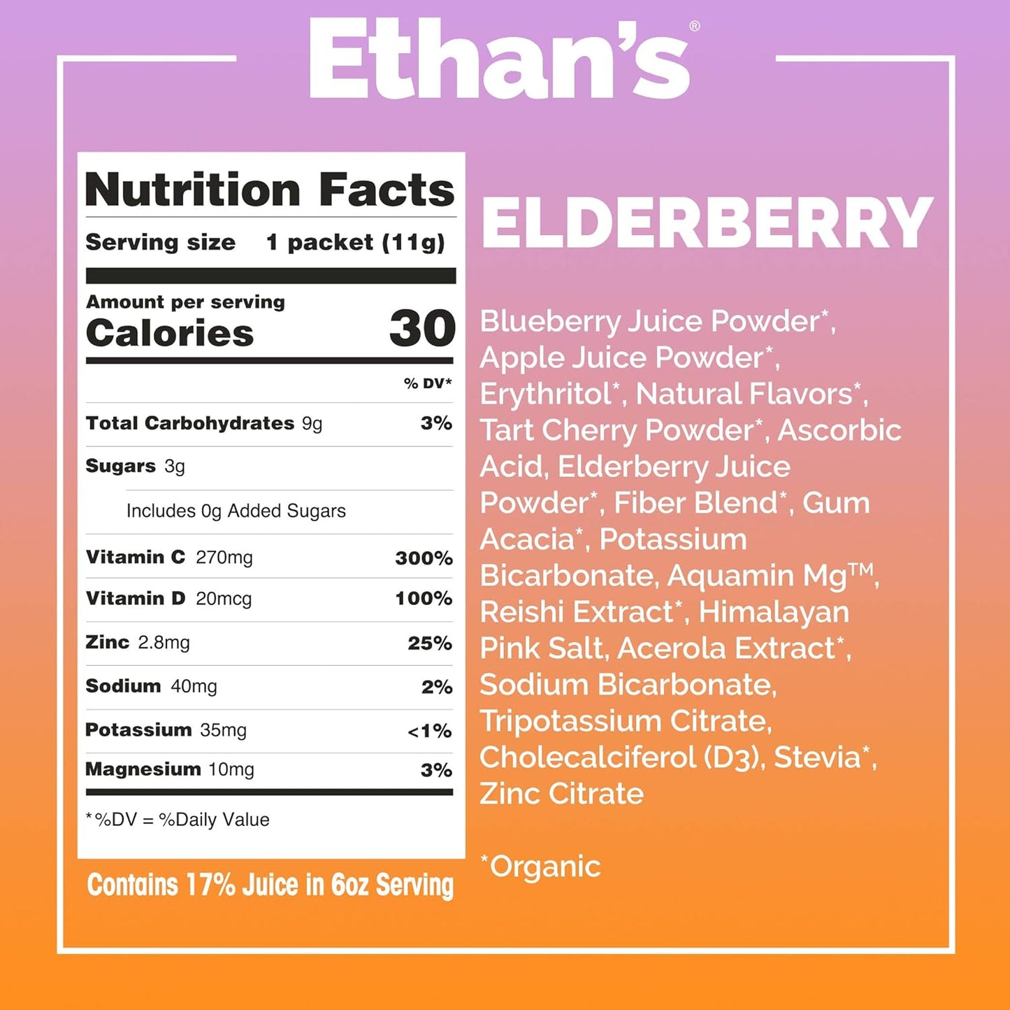 Ethan's Organic Elderberry Drink Mix Powder Packets for Immunity Support and Hydration, Vitamin C, D, Zinc, Real Fruit, No Sugar (6 Pack)